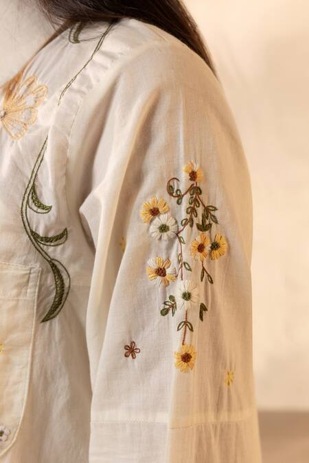 OurDve_Beige Cotton Embroidery Collared Apricot Floral Shirt _Online_at_Aza_Fashions