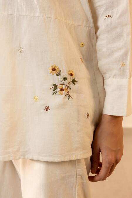 Shop_OurDve_Beige Cotton Embroidery Collared Apricot Floral Shirt _Online_at_Aza_Fashions