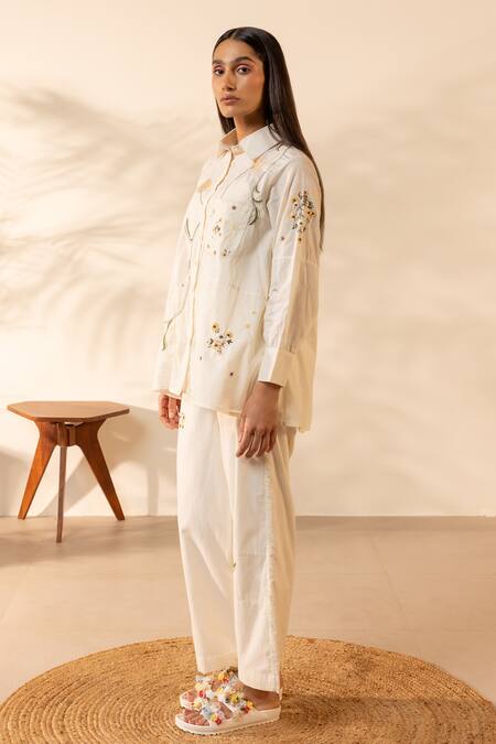 OurDve_Beige Cotton Embroidery Collared Apricot Floral Shirt _at_Aza_Fashions
