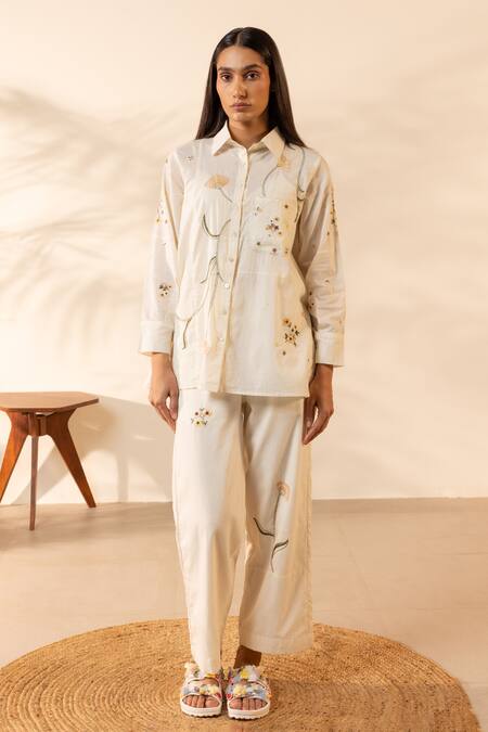 Buy_OurDve_Beige Cotton Embroidery Collared Apricot Floral Shirt 
