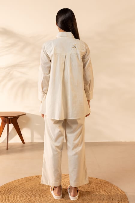 OurDve Apricot Floral Embroidered Shirt & Pant Set 