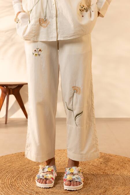 Buy_OurDve_Beige Cotton Embroidery Collared Apricot Floral Shirt And Pant Set _Online_at_Aza_Fashions