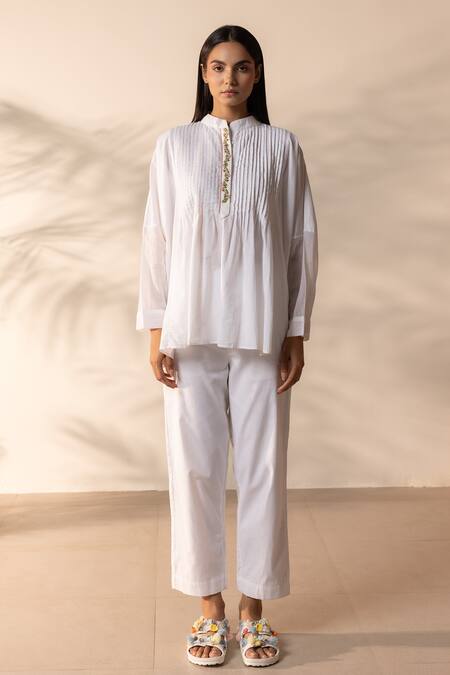 OurDve White Cotton Embroidery Mandarin Collar Drizzle Pintucked Top Online at Aza Fashions OurDve_White Cotton Embroidery Mandarin Collar Drizzle Pintucked Top _Online_at_Aza_Fashions