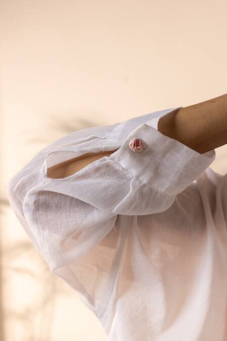 Buy OurDve White Cotton Embroidery Mandarin Collar Drizzle Pintucked Top Buy_OurDve_White Cotton Embroidery Mandarin Collar Drizzle Pintucked Top