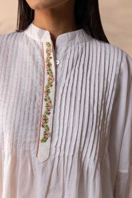 Shop OurDve White Cotton Embroidery Mandarin Collar Drizzle Pintucked Top Shop_OurDve_White Cotton Embroidery Mandarin Collar Drizzle Pintucked Top