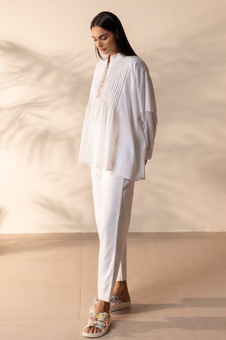 Shop_OurDve_White Cotton Embroidery Mandarin Collar Drizzle Pintucked Shirt And Pant Set _Online_at_Aza_Fashions