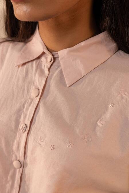 Buy_OurDve_Pink Cotton Embroidery Collared Breeze Color Blocked Shirt And Pant Set _Online_at_Aza_Fashions