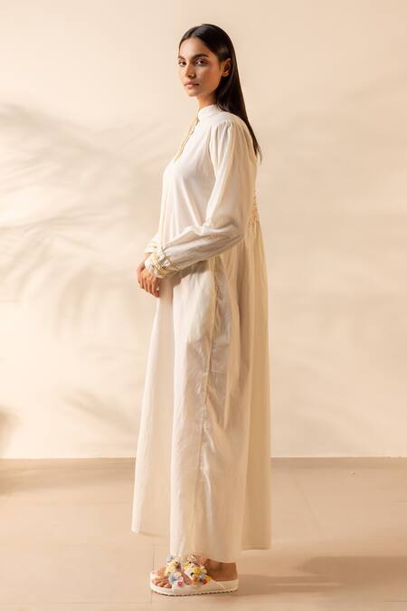 Buy_OurDve_Beige Cotton Embroidery Mandarin Collar Whimsy Honeycomb Pintucked Back Dress _Online_at_Aza_Fashions