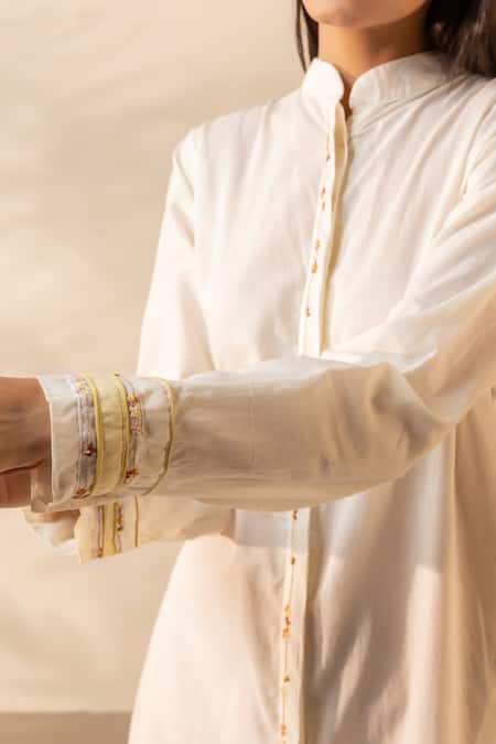 Buy_OurDve_Beige Cotton Embroidery Mandarin Collar Whimsy Honeycomb Pintucked Back Dress 