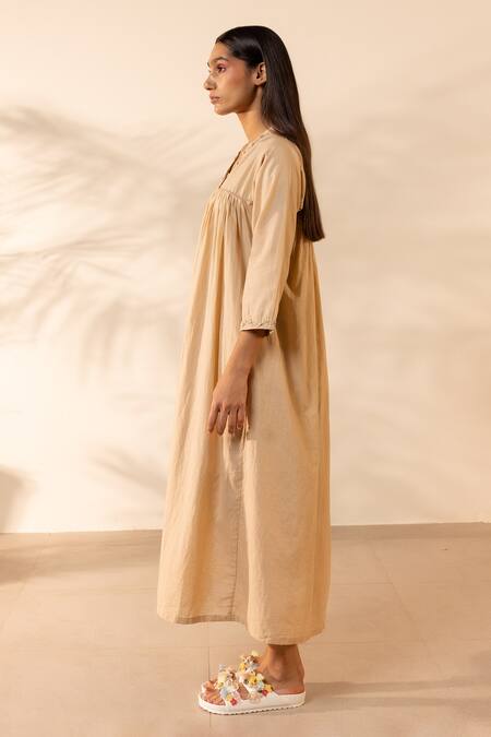 OurDve Beige Cotton Embroidery, Piping V-neck Floret Gathered Dress Online at Aza Fashions OurDve_Beige Cotton Embroidery, Piping V-neck Floret Gathered Dress _Online_at_Aza_Fashions