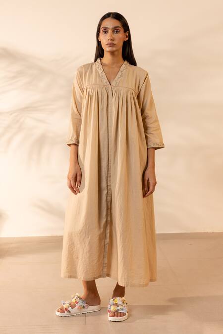 Buy OurDve Beige Cotton Embroidery, Piping V-neck Floret Gathered Dress Online at Aza Fashions Buy_OurDve_Beige Cotton Embroidery, Piping V-neck Floret Gathered Dress _Online_at_Aza_Fashions