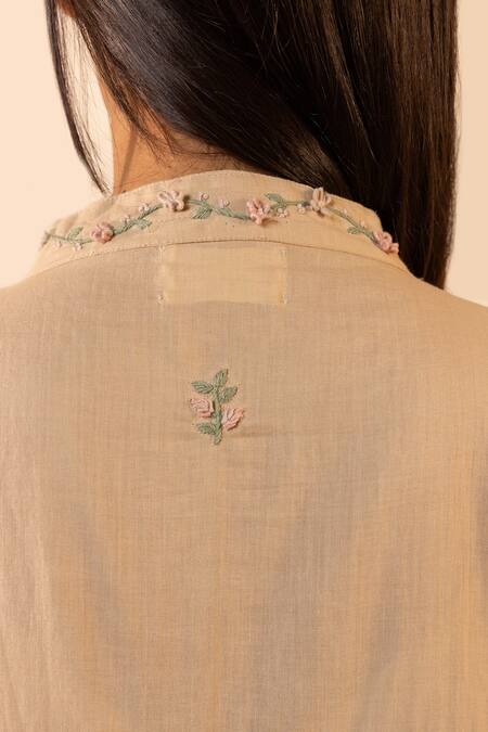 Shop OurDve Beige Cotton Embroidery, Piping V-neck Floret Gathered Dress Shop_OurDve_Beige Cotton Embroidery, Piping V-neck Floret Gathered Dress