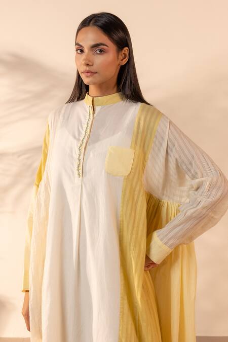 Buy_OurDve_Yellow Cotton Embroidery Mandarin Collar Blush Wind Dress _Online_at_Aza_Fashions