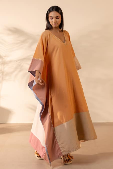 Buy OurDve Orange Cotton Embroidery, Beads V-neck Peel Kaftan Online at Aza Fashions Buy_OurDve_Orange Cotton Embroidery, Beads V-neck Peel Kaftan _Online_at_Aza_Fashions