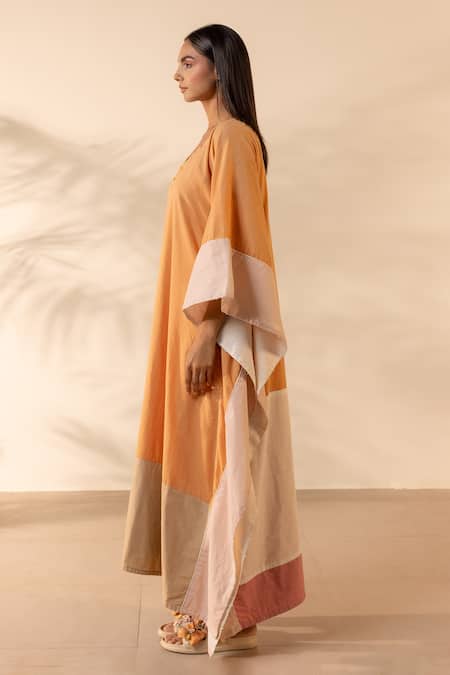 Shop OurDve Orange Cotton Embroidery, Beads V-neck Peel Kaftan Online at Aza Fashions Shop_OurDve_Orange Cotton Embroidery, Beads V-neck Peel Kaftan _Online_at_Aza_Fashions