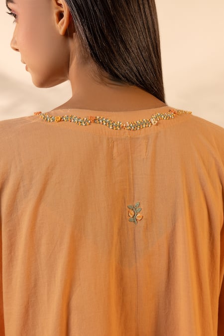 Shop OurDve Orange Cotton Embroidery, Beads V-neck Peel Kaftan Shop_OurDve_Orange Cotton Embroidery, Beads V-neck Peel Kaftan