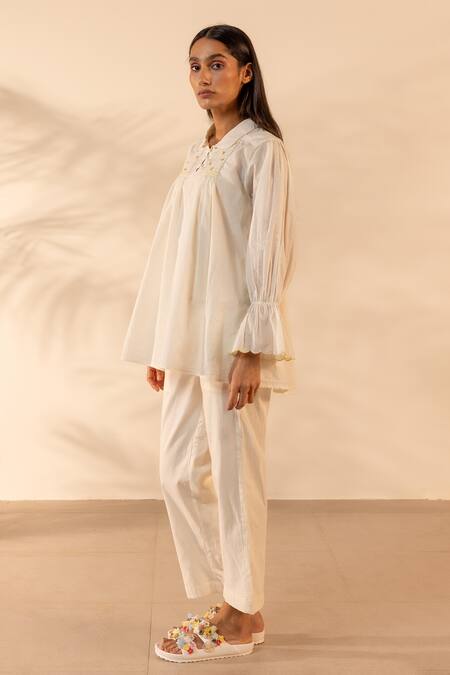 OurDve Beige Cotton Embroidery Collared, Button-down Neck Zesty Smocked Top Online at Aza Fashions OurDve_Beige Cotton Embroidery Collared, Button-down Neck Zesty Smocked Top _Online_at_Aza_Fashions