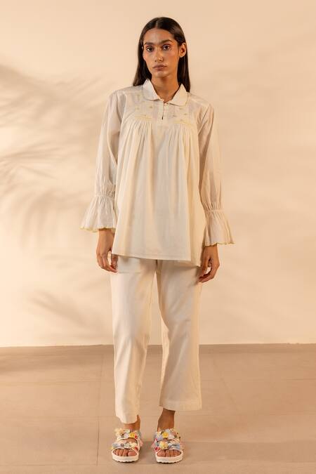 Shop OurDve Beige Cotton Embroidery Collared, Button-down Neck Zesty Smocked Top Online at Aza Fashions Shop_OurDve_Beige Cotton Embroidery Collared, Button-down Neck Zesty Smocked Top _Online_at_Aza_Fashions