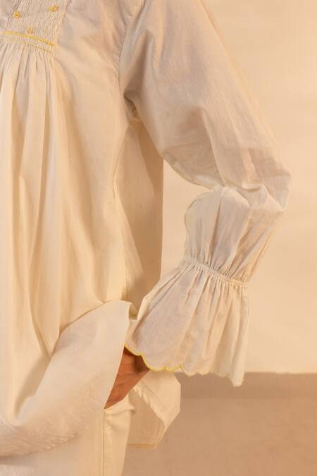 OurDve Beige Cotton Embroidery Collared, Button-down Neck Zesty Smocked Top at Aza Fashions OurDve_Beige Cotton Embroidery Collared, Button-down Neck Zesty Smocked Top _at_Aza_Fashions