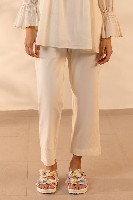 OurDve_Beige Cotton Embroidery, Smocking Collared Zesty Smocked Top And Pant Set _Online_at_Aza_Fashions