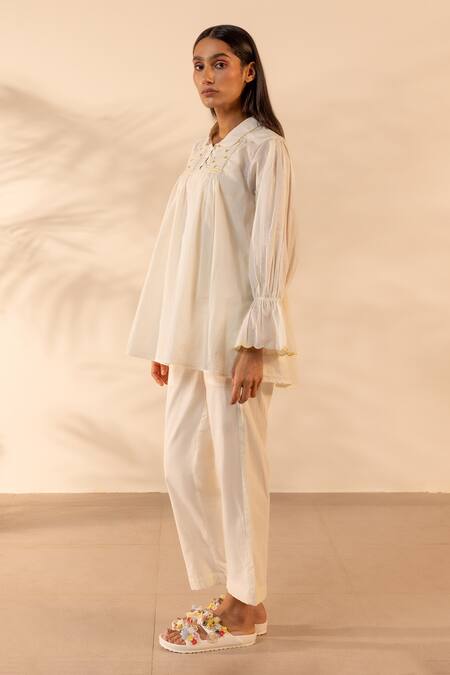Buy_OurDve_Beige Cotton Embroidery, Smocking Collared Zesty Smocked Top And Pant Set _Online_at_Aza_Fashions