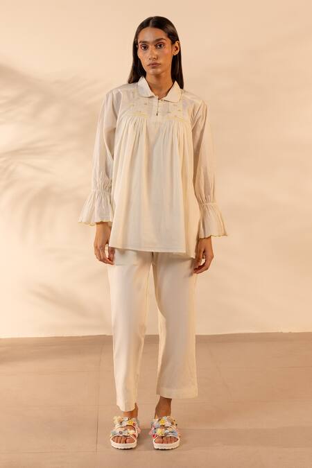 Shop_OurDve_Beige Cotton Embroidery, Smocking Collared Zesty Smocked Top And Pant Set _Online_at_Aza_Fashions
