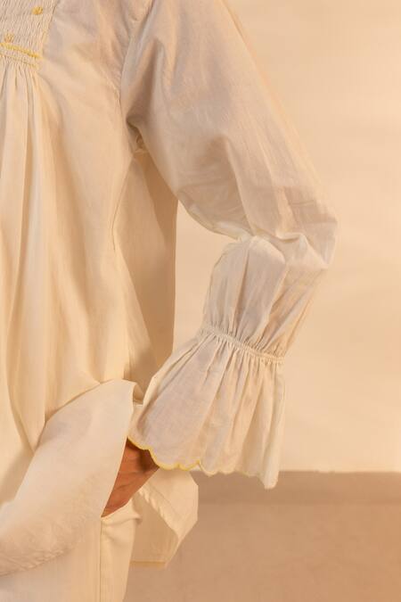 OurDve_Beige Cotton Embroidery, Smocking Collared Zesty Smocked Top And Pant Set _at_Aza_Fashions