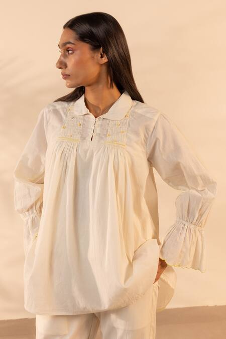 Buy_OurDve_Beige Cotton Embroidery, Smocking Collared Zesty Smocked Top And Pant Set 