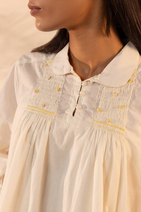 Shop_OurDve_Beige Cotton Embroidery, Smocking Collared Zesty Smocked Top And Pant Set 
