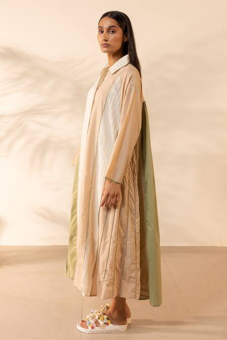 OurDve_Beige Cotton Beads, Embroidery Collared Mango Mist Dress _Online_at_Aza_Fashions