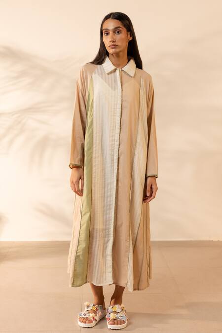 Buy_OurDve_Beige Cotton Beads, Embroidery Collared Mango Mist Dress _Online_at_Aza_Fashions