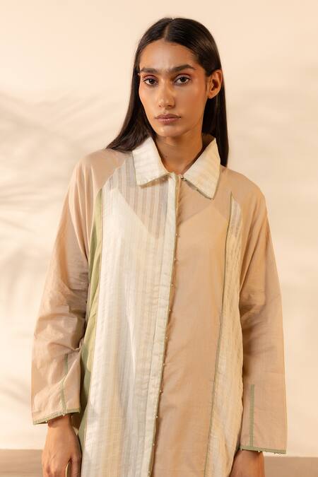 OurDve_Beige Cotton Beads, Embroidery Collared Mango Mist Dress _at_Aza_Fashions