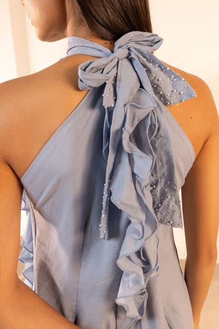 Buy OurDve Blue Cotton Ruffles, Beads Halter , High Sunny Side Cascading Dress Online at Aza Fashions Buy_OurDve_Blue Cotton Ruffles, Beads Halter , High Sunny Side Cascading Dress _Online_at_Aza_Fashions