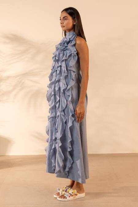 Shop OurDve Blue Cotton Ruffles, Beads Halter , High Sunny Side Cascading Dress Online at Aza Fashions Shop_OurDve_Blue Cotton Ruffles, Beads Halter , High Sunny Side Cascading Dress _Online_at_Aza_Fashions