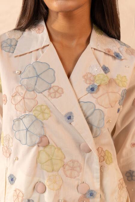 OurDve_Beige Cotton Applique, Pearls Collared, V-neck Lush Hand Jacket _Online_at_Aza_Fashions
