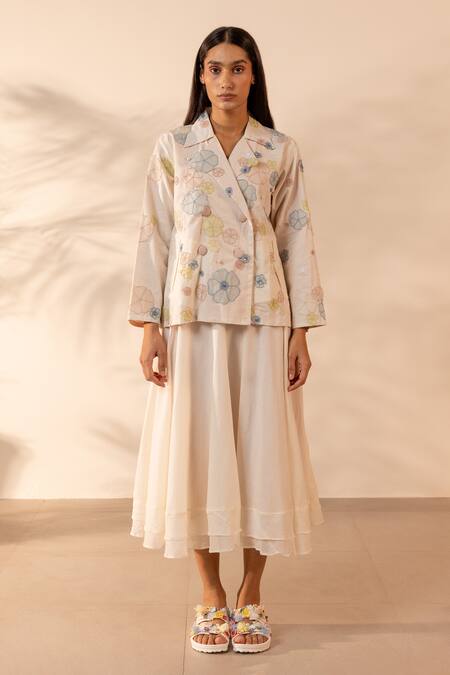 Shop_OurDve_Beige Cotton Applique, Pearls Collared, V-neck Lush Hand Jacket _Online_at_Aza_Fashions
