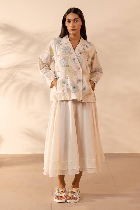 Buy_OurDve_Beige Cotton Applique, Pearls Collared, V-neck Lush Hand Jacket 