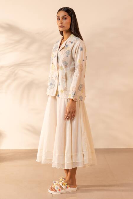 Shop OurDve Beige Cotton Applique, Pearls Lush Set Skirt Online at Aza Fashions Shop_OurDve_Beige Cotton Applique, Pearls Lush Set Skirt _Online_at_Aza_Fashions