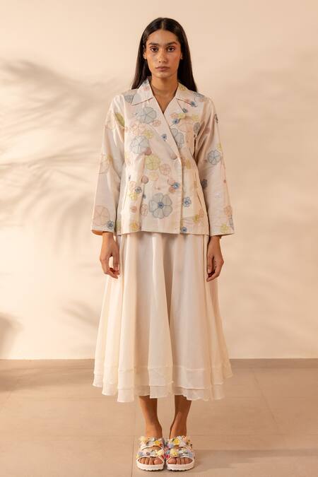 OurDve_Beige Cotton Applique, Pearls, Fabric Flowers Lush Hand Jacket And Skirt Set _at_Aza_Fashions