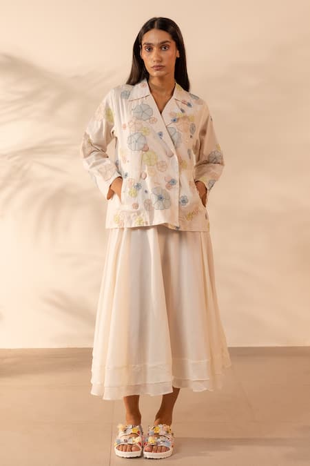 OurDve Lush Hand Appliqued Jacket & Skirt Set 