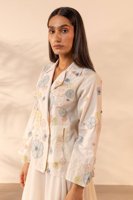 Buy_OurDve_Beige Cotton Applique, Pearls, Fabric Flowers Lush Hand Jacket And Skirt Set 