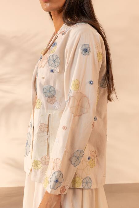 Shop_OurDve_Beige Cotton Applique, Pearls, Fabric Flowers Lush Hand Jacket And Skirt Set 
