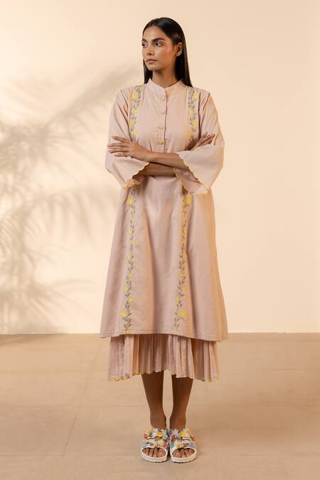 Buy_OurDve_Pink Cotton Embroidery Mandarin Collar Bloomberry Floral Kurta 