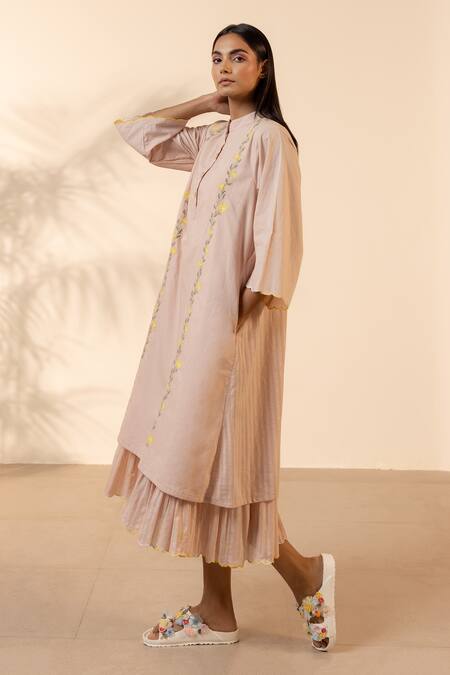 OurDve_Pink Cotton Embroidery Mandarin Collar Bloomberry Kurta Layered With Dress _Online_at_Aza_Fashions