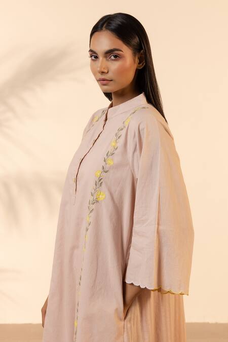 Buy_OurDve_Pink Cotton Embroidery Mandarin Collar Bloomberry Kurta Layered With Dress _Online_at_Aza_Fashions