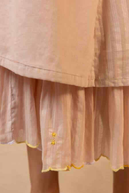 Shop_OurDve_Pink Cotton Embroidery Mandarin Collar Bloomberry Kurta Layered With Dress 