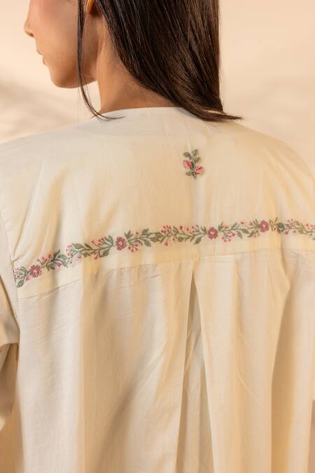 Shop_OurDve_Beige Cotton Embroidery Round Neck Saffron Sky Floral Shrug _Online_at_Aza_Fashions