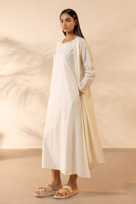 Shop_OurDve_Beige Cotton Embroidery Round Neck, Open Saffron Sky Sleeveless Dress With Shrug _Online_at_Aza_Fashions