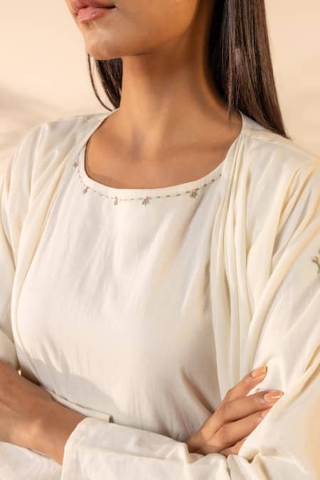 OurDve_Beige Cotton Embroidery Round Neck, Open Saffron Sky Sleeveless Dress With Shrug _at_Aza_Fashions