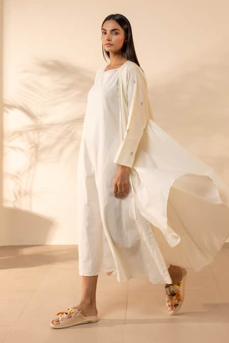 Shop_OurDve_Beige Cotton Embroidery Round Neck, Open Saffron Sky Sleeveless Dress With Shrug 